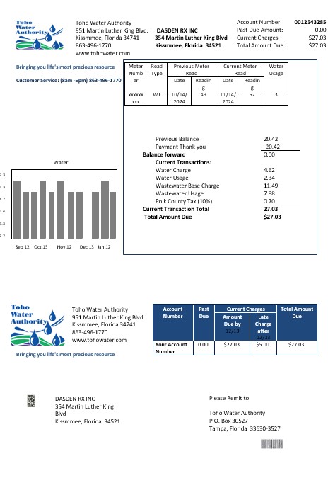 USA Florida Toho Water Authority business utility bill template in Word and PDF formats